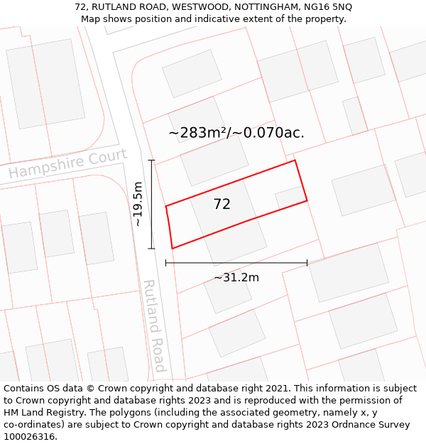 72, RUTLAND ROAD, WESTWOOD, NOTTINGHAM, NG16 5NQ: Plot and title map