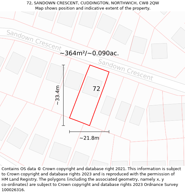 72, SANDOWN CRESCENT, CUDDINGTON, NORTHWICH, CW8 2QW: Plot and title map