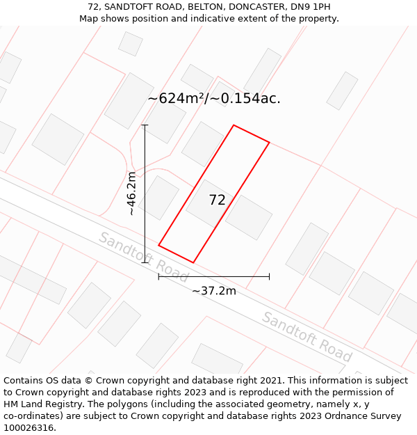 72, SANDTOFT ROAD, BELTON, DONCASTER, DN9 1PH: Plot and title map