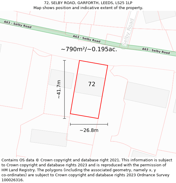 72, SELBY ROAD, GARFORTH, LEEDS, LS25 1LP: Plot and title map