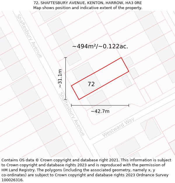 72, SHAFTESBURY AVENUE, KENTON, HARROW, HA3 0RE: Plot and title map