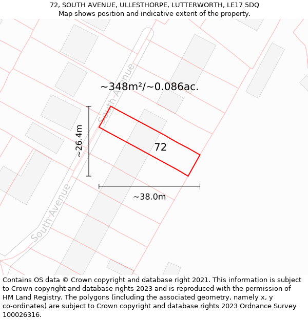 72, SOUTH AVENUE, ULLESTHORPE, LUTTERWORTH, LE17 5DQ: Plot and title map