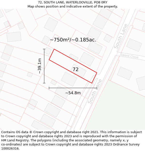 72, SOUTH LANE, WATERLOOVILLE, PO8 0RY: Plot and title map