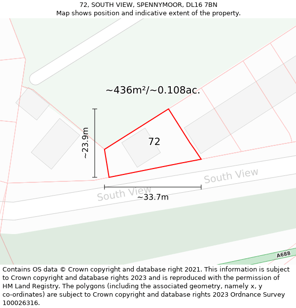 72, SOUTH VIEW, SPENNYMOOR, DL16 7BN: Plot and title map