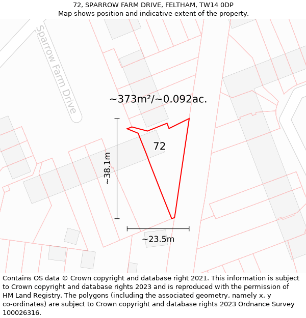 72, SPARROW FARM DRIVE, FELTHAM, TW14 0DP: Plot and title map