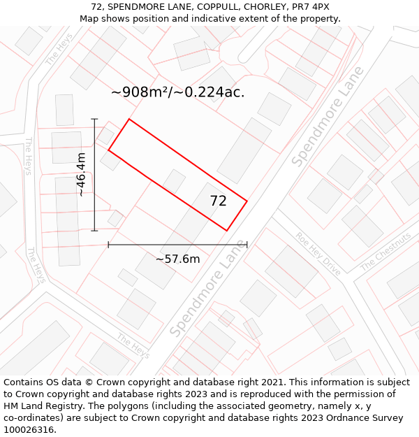 72, SPENDMORE LANE, COPPULL, CHORLEY, PR7 4PX: Plot and title map