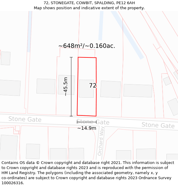 72, STONEGATE, COWBIT, SPALDING, PE12 6AH: Plot and title map