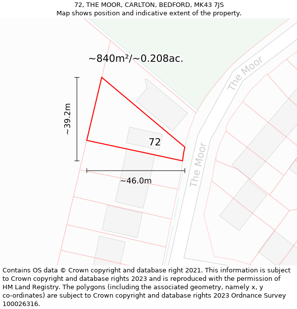 72, THE MOOR, CARLTON, BEDFORD, MK43 7JS: Plot and title map