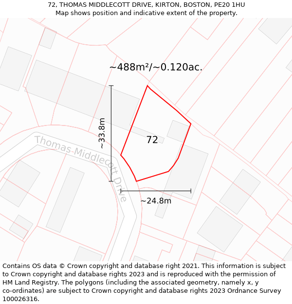 72, THOMAS MIDDLECOTT DRIVE, KIRTON, BOSTON, PE20 1HU: Plot and title map