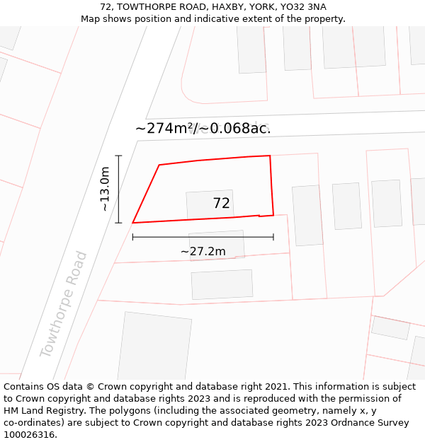 72, TOWTHORPE ROAD, HAXBY, YORK, YO32 3NA: Plot and title map