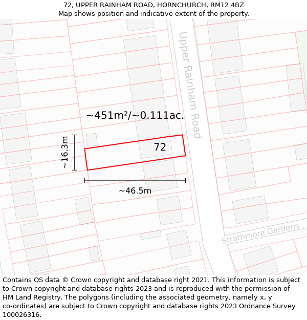 72, UPPER RAINHAM ROAD, HORNCHURCH, RM12 4BZ: Plot and title map