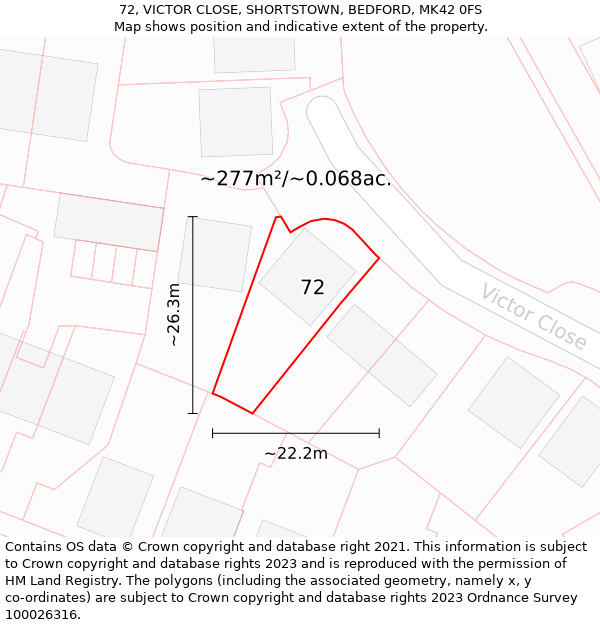 72, VICTOR CLOSE, SHORTSTOWN, BEDFORD, MK42 0FS: Plot and title map