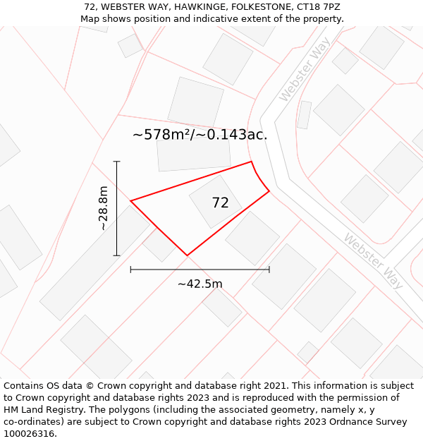 72, WEBSTER WAY, HAWKINGE, FOLKESTONE, CT18 7PZ: Plot and title map