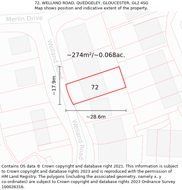 72, WELLAND ROAD, QUEDGELEY, GLOUCESTER, GL2 4SG: Plot and title map