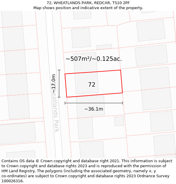 72, WHEATLANDS PARK, REDCAR, TS10 2PF: Plot and title map