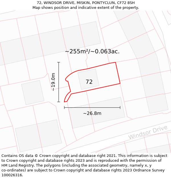 72, WINDSOR DRIVE, MISKIN, PONTYCLUN, CF72 8SH: Plot and title map