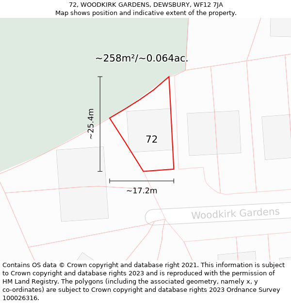 72, WOODKIRK GARDENS, DEWSBURY, WF12 7JA: Plot and title map