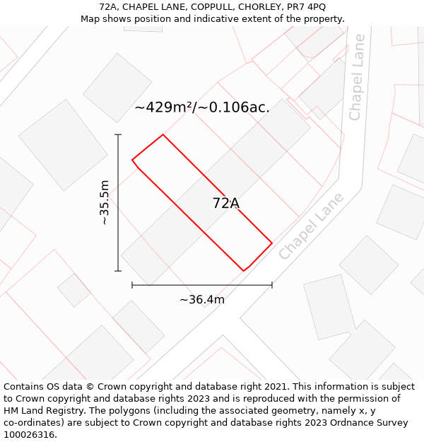 72A, CHAPEL LANE, COPPULL, CHORLEY, PR7 4PQ: Plot and title map