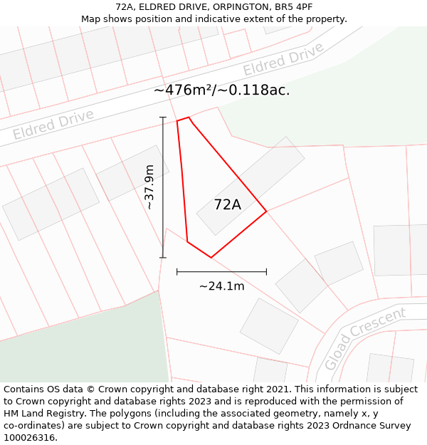 72A, ELDRED DRIVE, ORPINGTON, BR5 4PF: Plot and title map