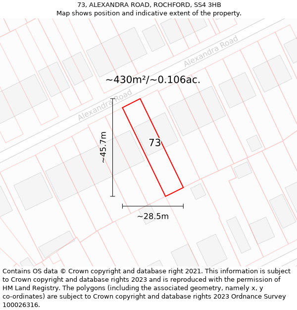 73, ALEXANDRA ROAD, ROCHFORD, SS4 3HB: Plot and title map