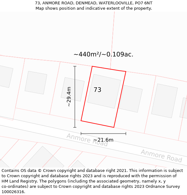 73, ANMORE ROAD, DENMEAD, WATERLOOVILLE, PO7 6NT: Plot and title map