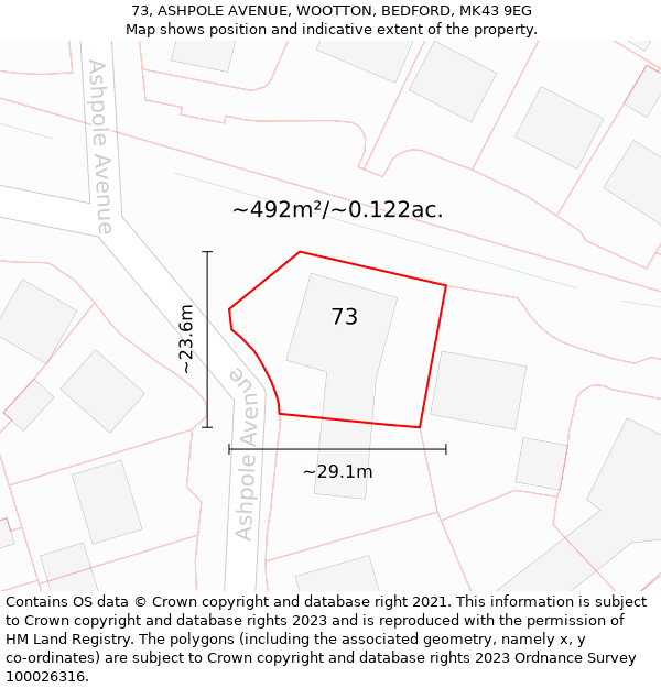 73, ASHPOLE AVENUE, WOOTTON, BEDFORD, MK43 9EG: Plot and title map