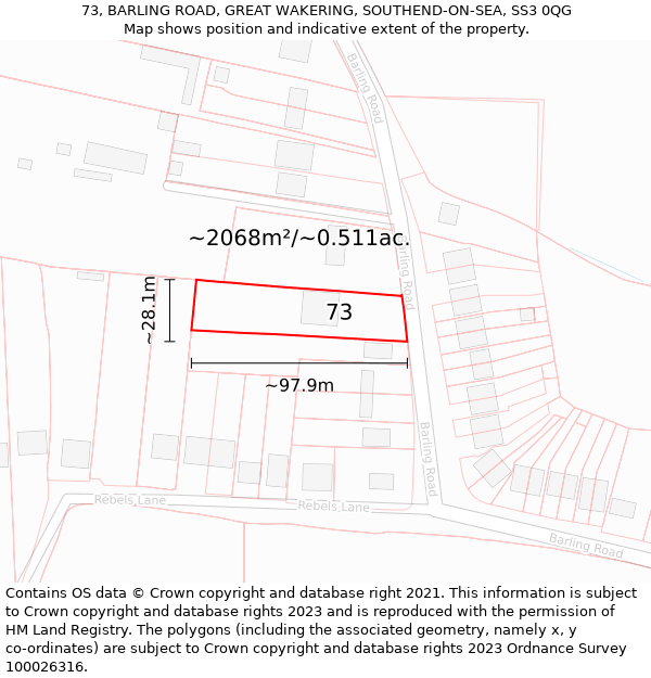 73, BARLING ROAD, GREAT WAKERING, SOUTHEND-ON-SEA, SS3 0QG: Plot and title map