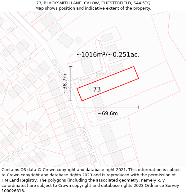 73, BLACKSMITH LANE, CALOW, CHESTERFIELD, S44 5TQ: Plot and title map