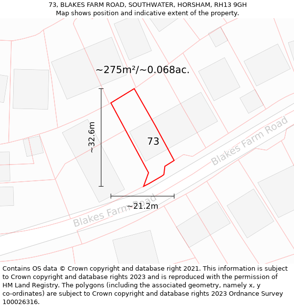 73, BLAKES FARM ROAD, SOUTHWATER, HORSHAM, RH13 9GH: Plot and title map