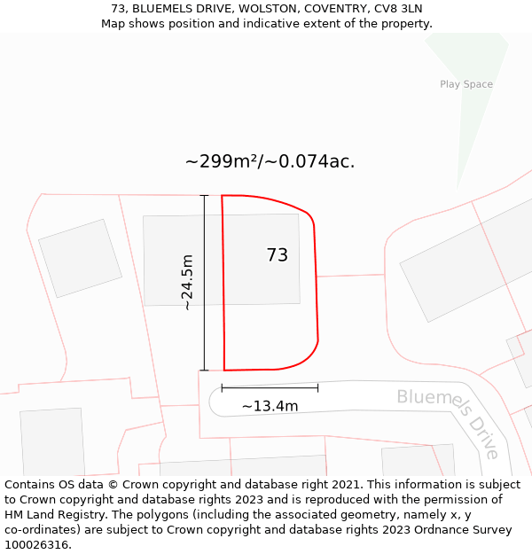 73, BLUEMELS DRIVE, WOLSTON, COVENTRY, CV8 3LN: Plot and title map