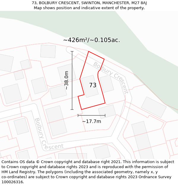 73, BOLBURY CRESCENT, SWINTON, MANCHESTER, M27 8AJ: Plot and title map