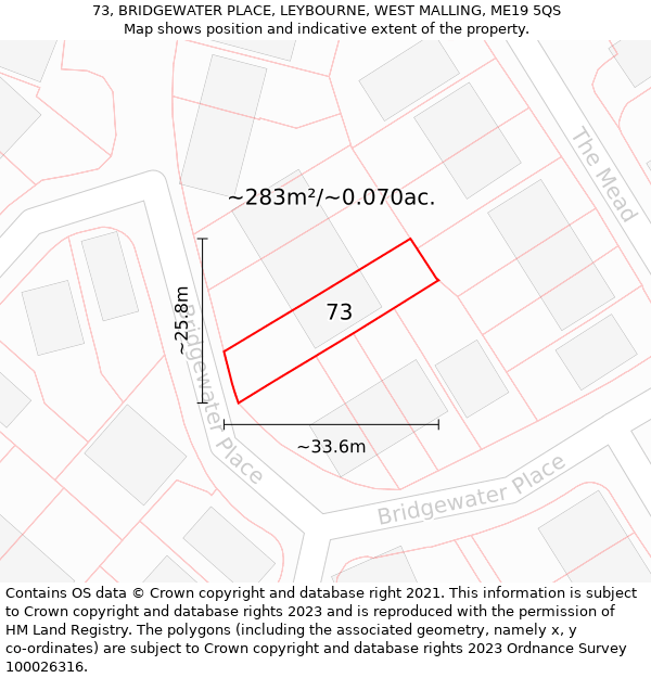 73, BRIDGEWATER PLACE, LEYBOURNE, WEST MALLING, ME19 5QS: Plot and title map