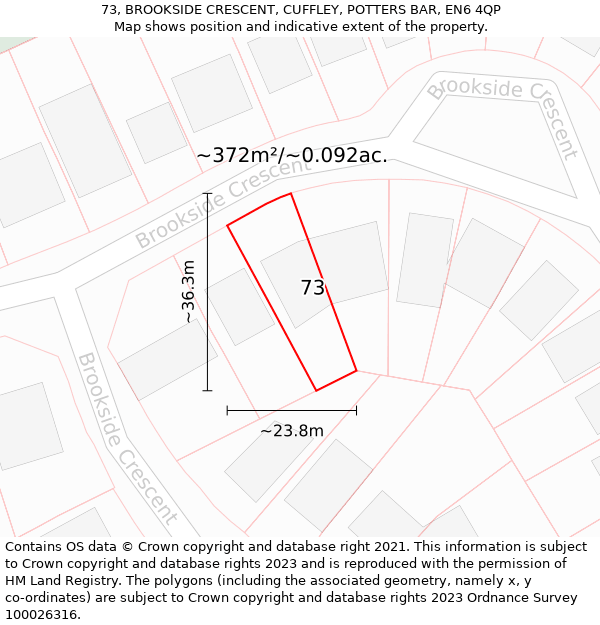 73, BROOKSIDE CRESCENT, CUFFLEY, POTTERS BAR, EN6 4QP: Plot and title map