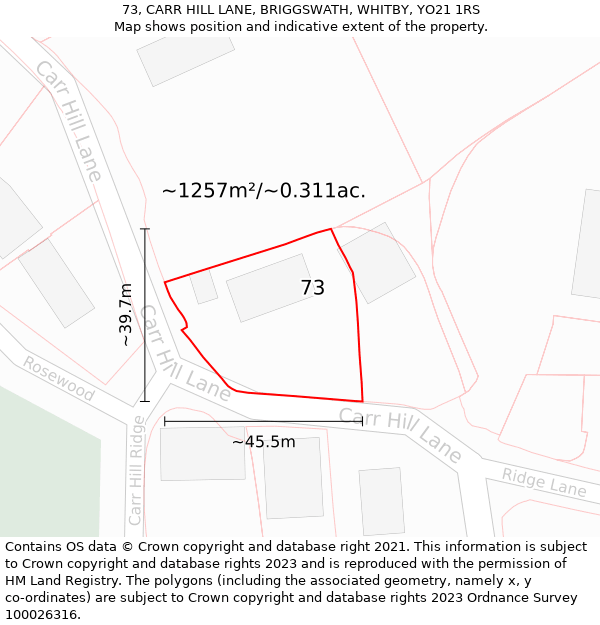 73, CARR HILL LANE, BRIGGSWATH, WHITBY, YO21 1RS: Plot and title map