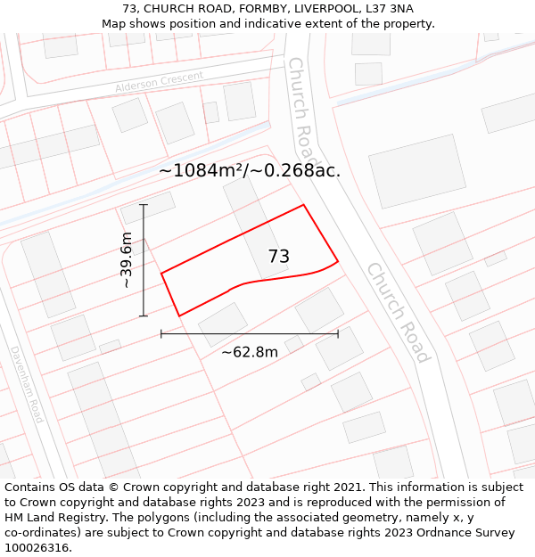 73, CHURCH ROAD, FORMBY, LIVERPOOL, L37 3NA: Plot and title map