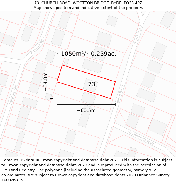 73, CHURCH ROAD, WOOTTON BRIDGE, RYDE, PO33 4PZ: Plot and title map