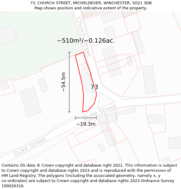 73, CHURCH STREET, MICHELDEVER, WINCHESTER, SO21 3DB: Plot and title map