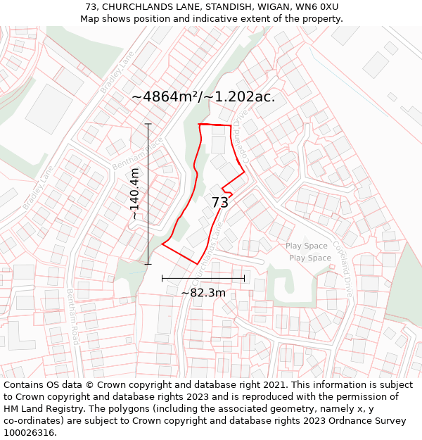 73, CHURCHLANDS LANE, STANDISH, WIGAN, WN6 0XU: Plot and title map