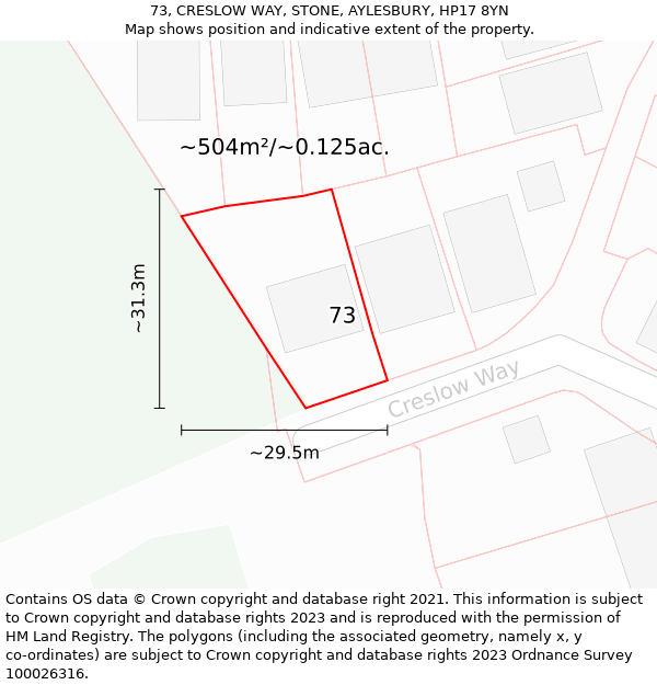 73, CRESLOW WAY, STONE, AYLESBURY, HP17 8YN: Plot and title map