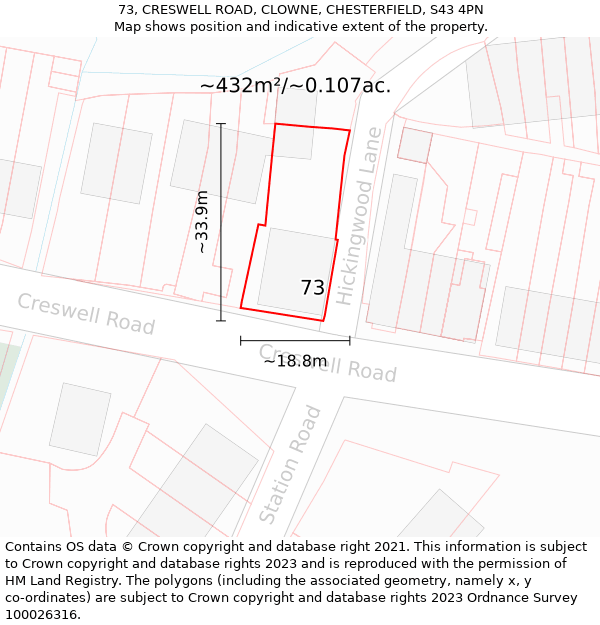 73, CRESWELL ROAD, CLOWNE, CHESTERFIELD, S43 4PN: Plot and title map