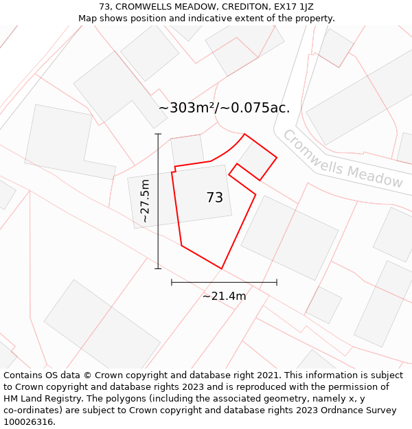 73, CROMWELLS MEADOW, CREDITON, EX17 1JZ: Plot and title map