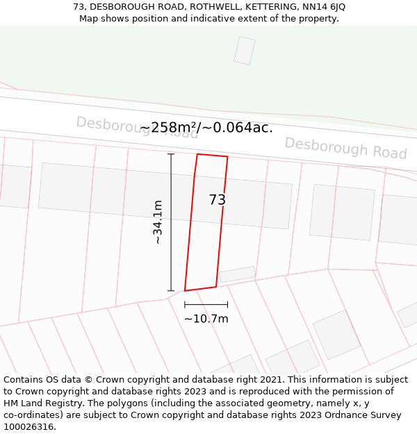 73, DESBOROUGH ROAD, ROTHWELL, KETTERING, NN14 6JQ: Plot and title map