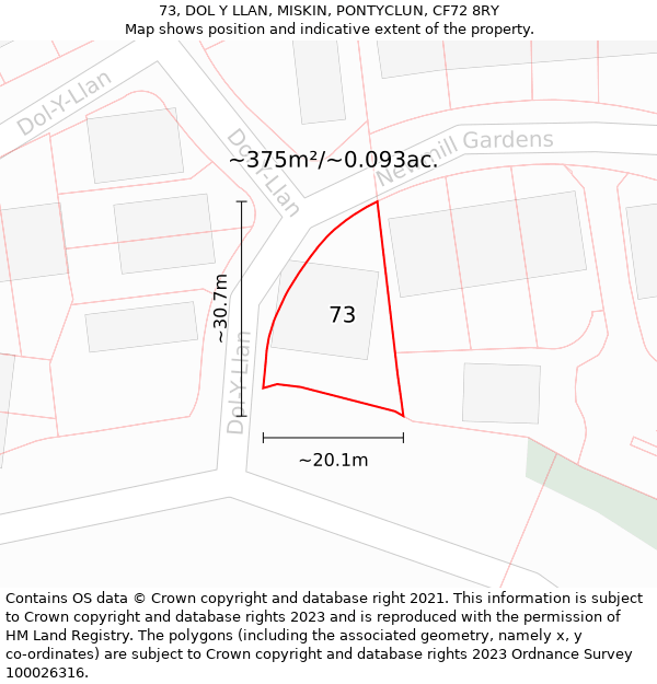 73, DOL Y LLAN, MISKIN, PONTYCLUN, CF72 8RY: Plot and title map