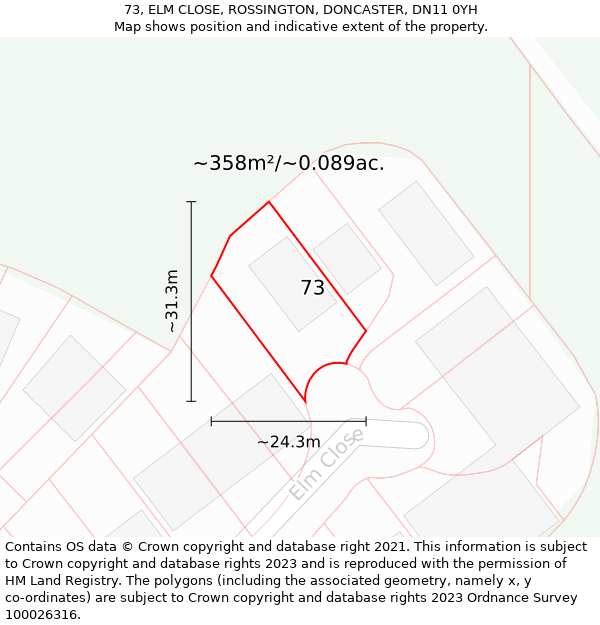 73, ELM CLOSE, ROSSINGTON, DONCASTER, DN11 0YH: Plot and title map