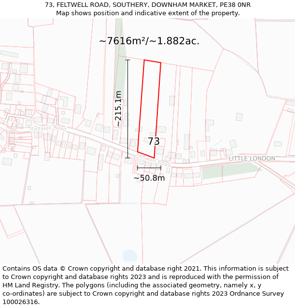 73, FELTWELL ROAD, SOUTHERY, DOWNHAM MARKET, PE38 0NR: Plot and title map