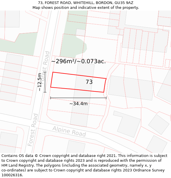 73, FOREST ROAD, WHITEHILL, BORDON, GU35 9AZ: Plot and title map