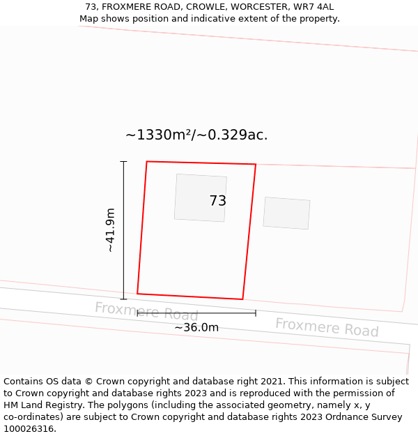 73, FROXMERE ROAD, CROWLE, WORCESTER, WR7 4AL: Plot and title map