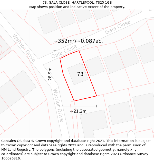 73, GALA CLOSE, HARTLEPOOL, TS25 1GB: Plot and title map