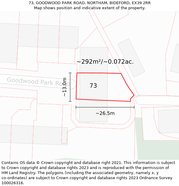 73, GOODWOOD PARK ROAD, NORTHAM, BIDEFORD, EX39 2RR: Plot and title map