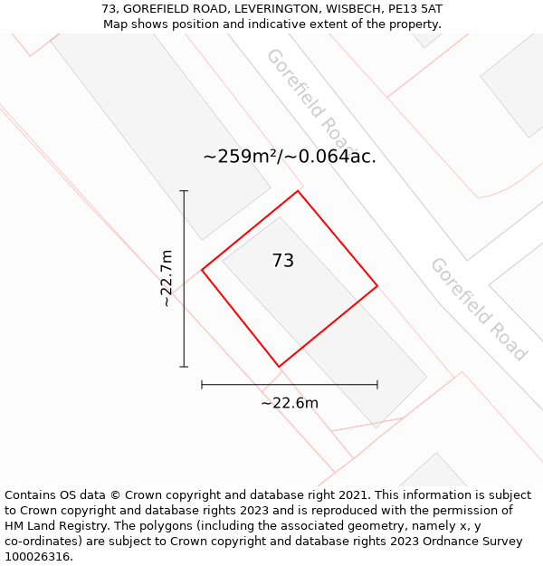 73, GOREFIELD ROAD, LEVERINGTON, WISBECH, PE13 5AT: Plot and title map